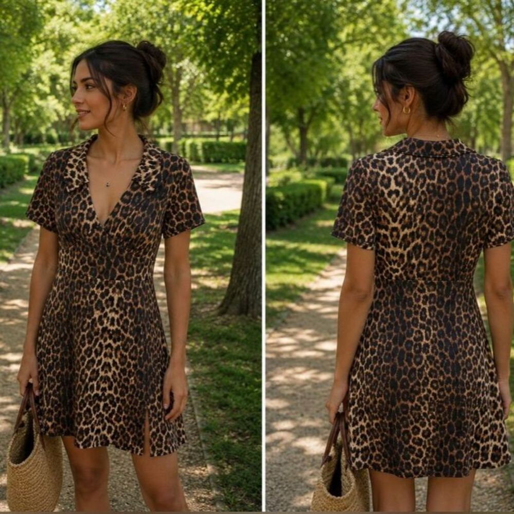 (B4) Boohoo vintage, Y2K,Leopard Print V-Neck Midi Dress in Brown and Tan,Sz 6